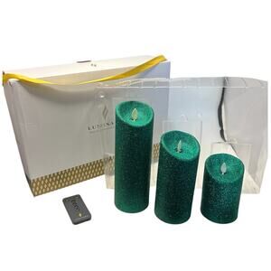 Luminara Flameless Pillar Candle 3 Emerald Green Glitter 8.5” 6.5” 4.5” Remote